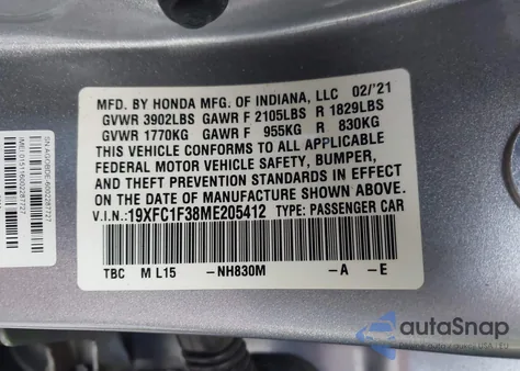 2021 Honda Civic Ex from USA, damaged, VIN 19XFC1F38ME205412